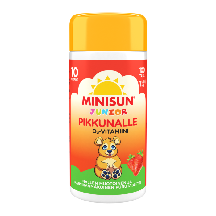 MINISUN D-VITAMIINI 10 MIKROG JUNIOR NALLE MANSIKKA 100 PURUTABL