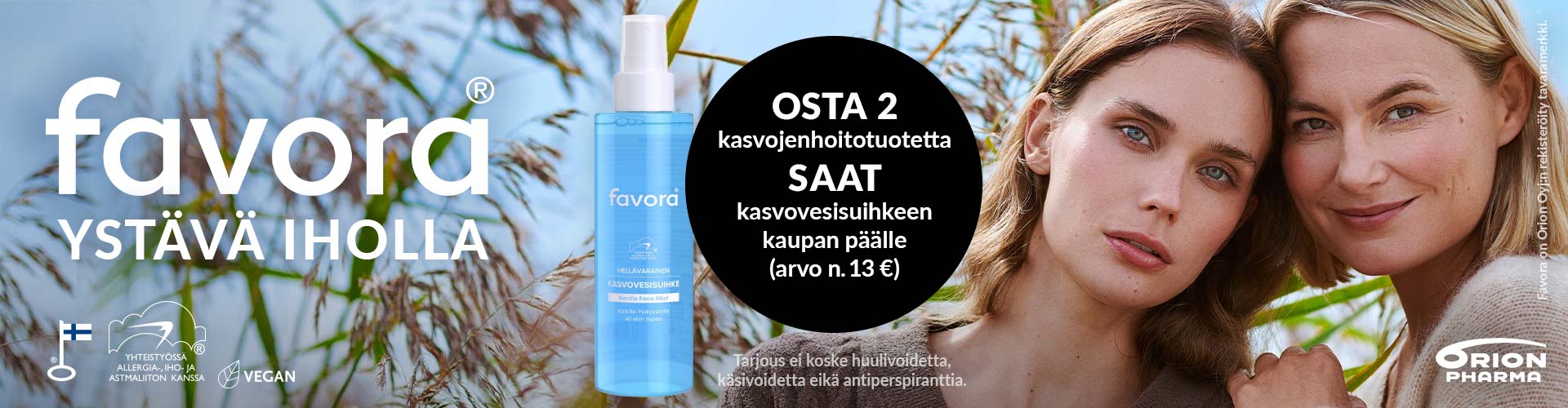 Osta 2 favoran kasvojenhoitotuotetta, saat kasvovesisuihkeen kaupan päälle (arvo noin 13€)
